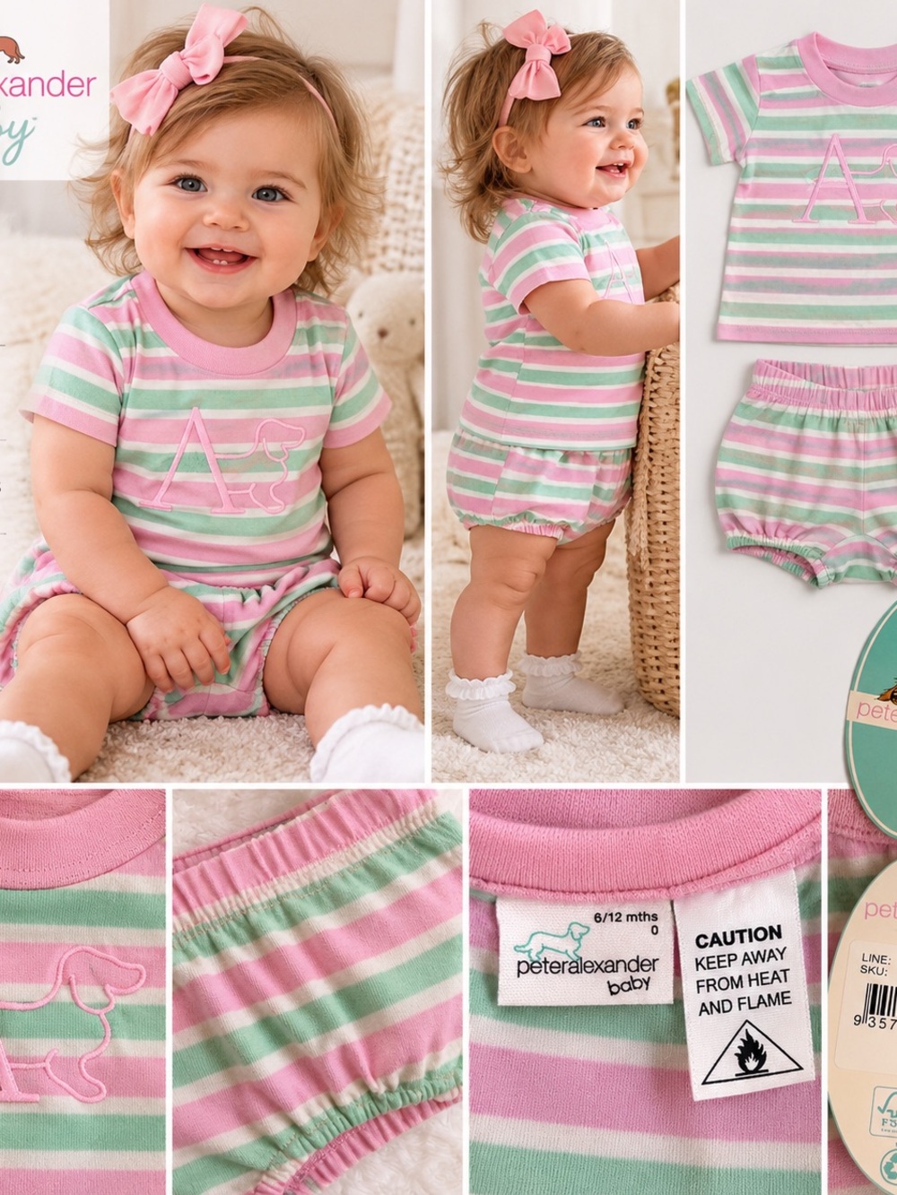 Peter Alexander Baby Girl 2PC Set Pink Green Stripe Top Bloomers 6-12M NWT